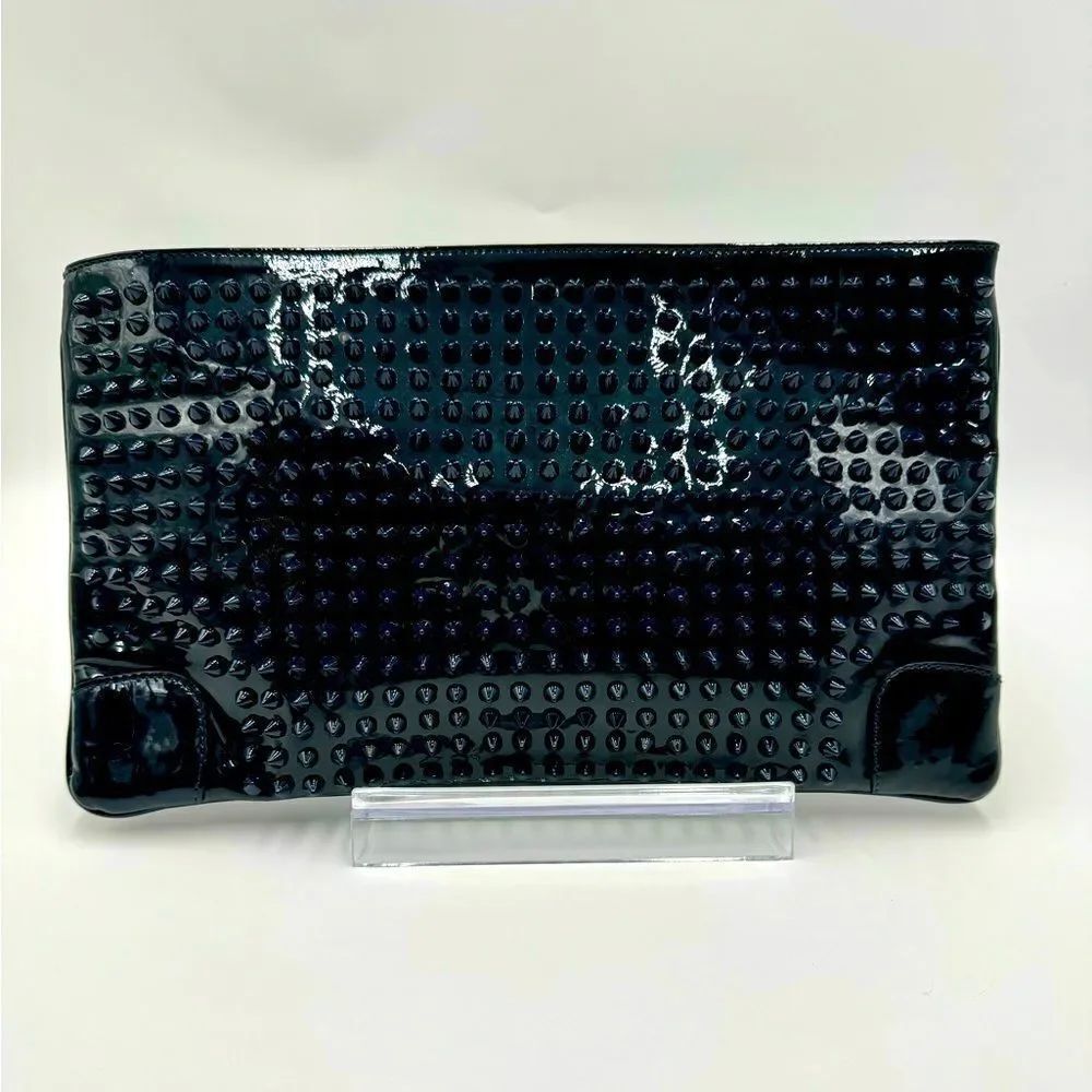 Auth Christian Louboutin Navy Blue Patent Leather Spiked Studded Clutch No Strap